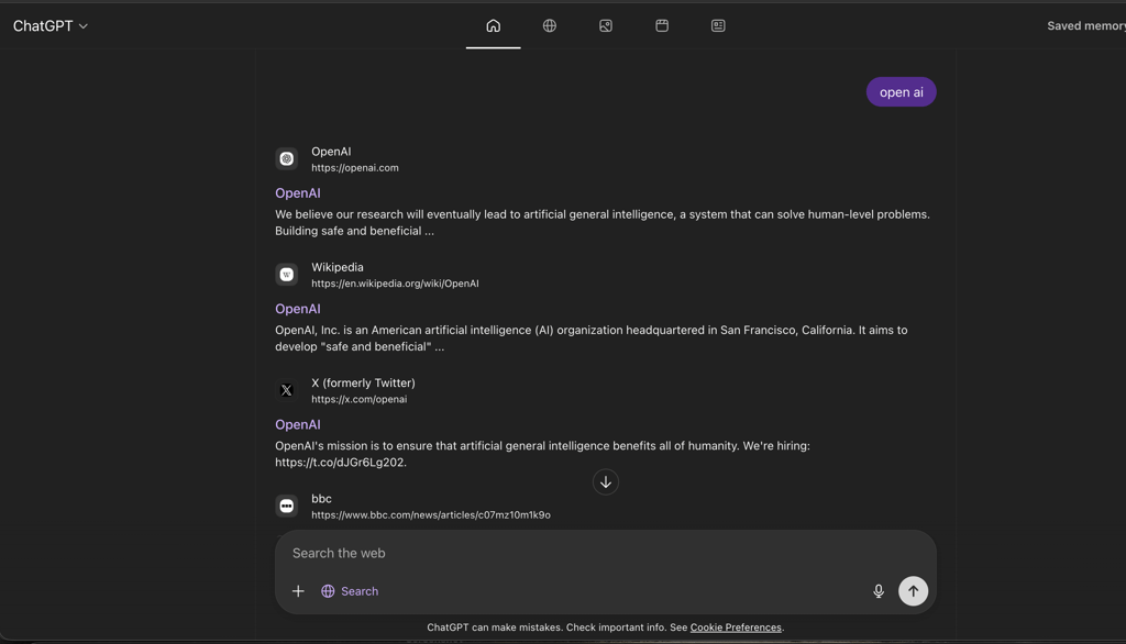 ChatGPT Atlas browser homepage showing search bar with AI suggestions and web browsing interface