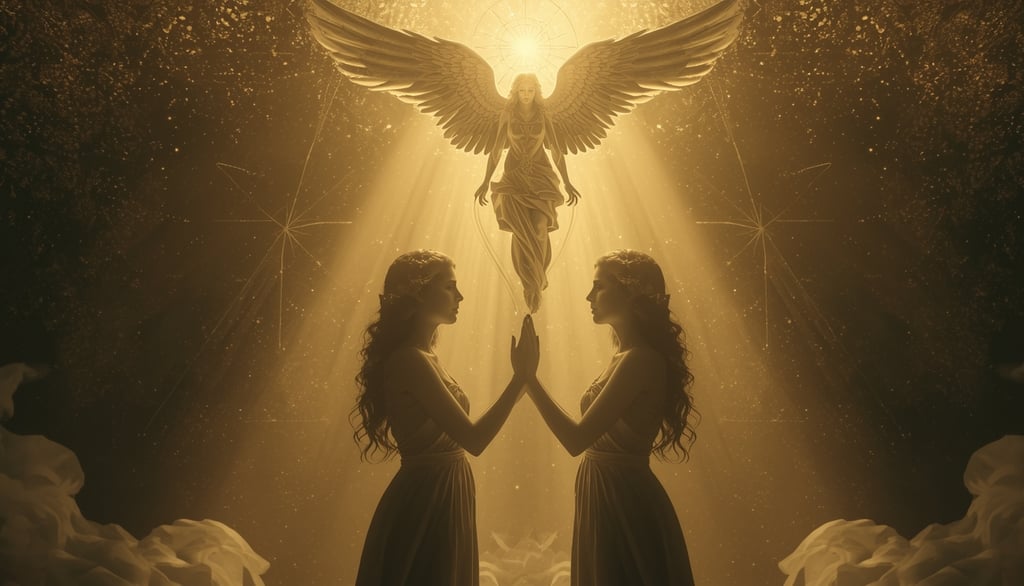 duas mulheres de vestido em pé diante de uma luz dourada