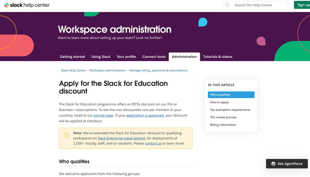 Screenshot of Apply for the Slack for Education discount page
