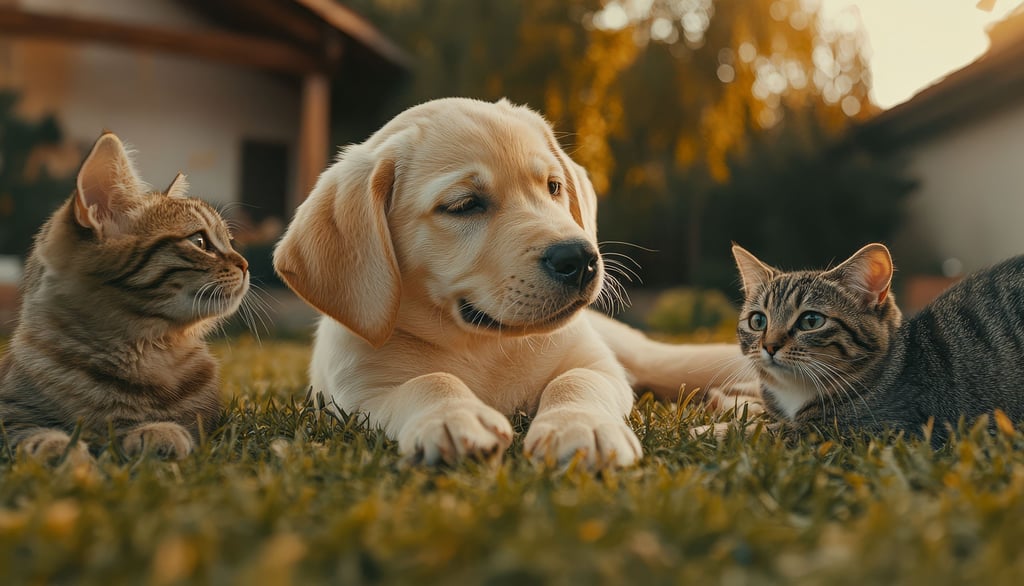 a dog and a cat are laying on the grass