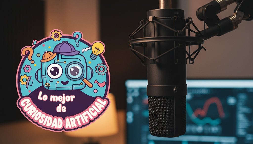 Micrófono de estudio de grabación y un logo divertido para "Lo Mejor de Curiosidad Artificial".