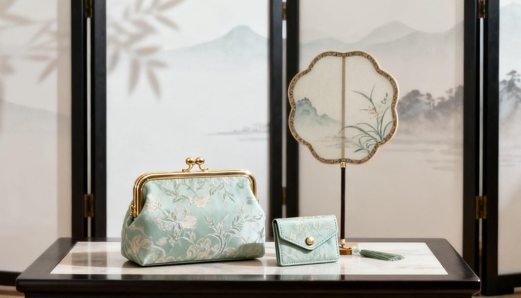 "The Splendid Rivers" GWP set, featuring a jacquard pouch, cardholder, and fan.