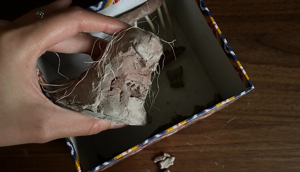 Photo of a broken clay sculpture, resembling fragmented memory and sense of self in older adults.