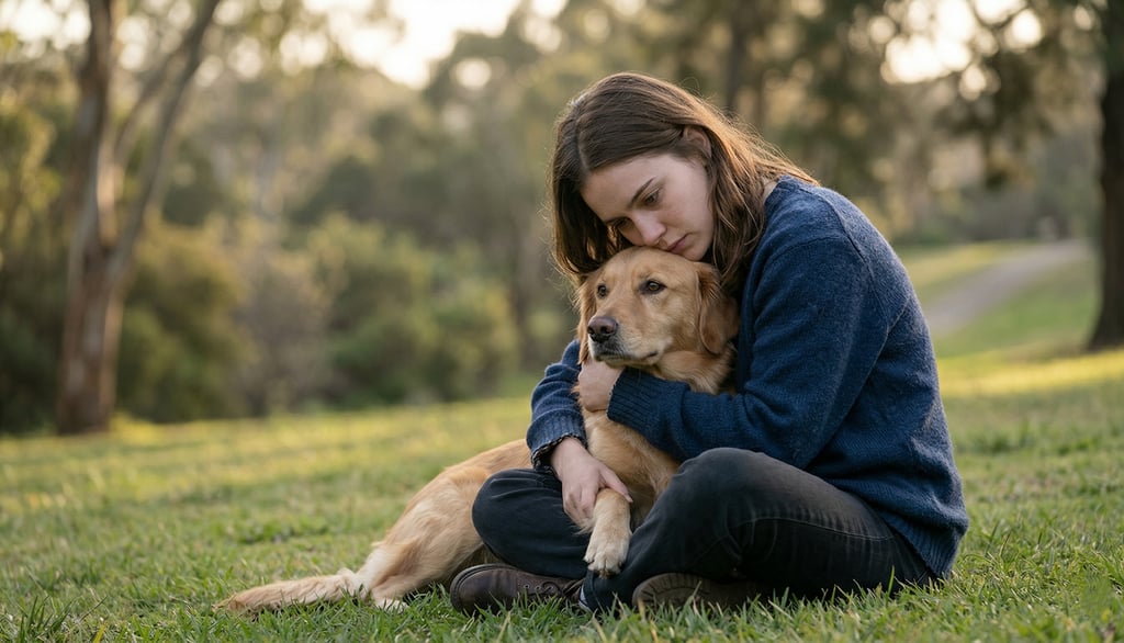 Persona abrazando a su perro en un momento emocional en un parque, representando el vínculo humano-animal