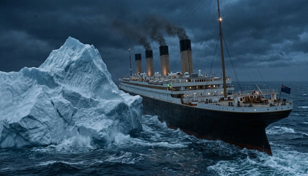 Choque del RMS Titanic con un iceberg en el océano Atlántico durante la noche del hundimiento