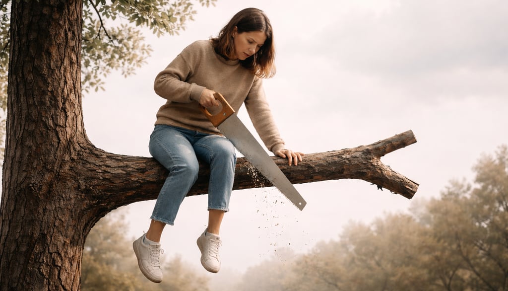 Woman sawing a branch while seated