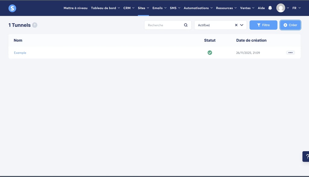 Page de gestion des tunnels