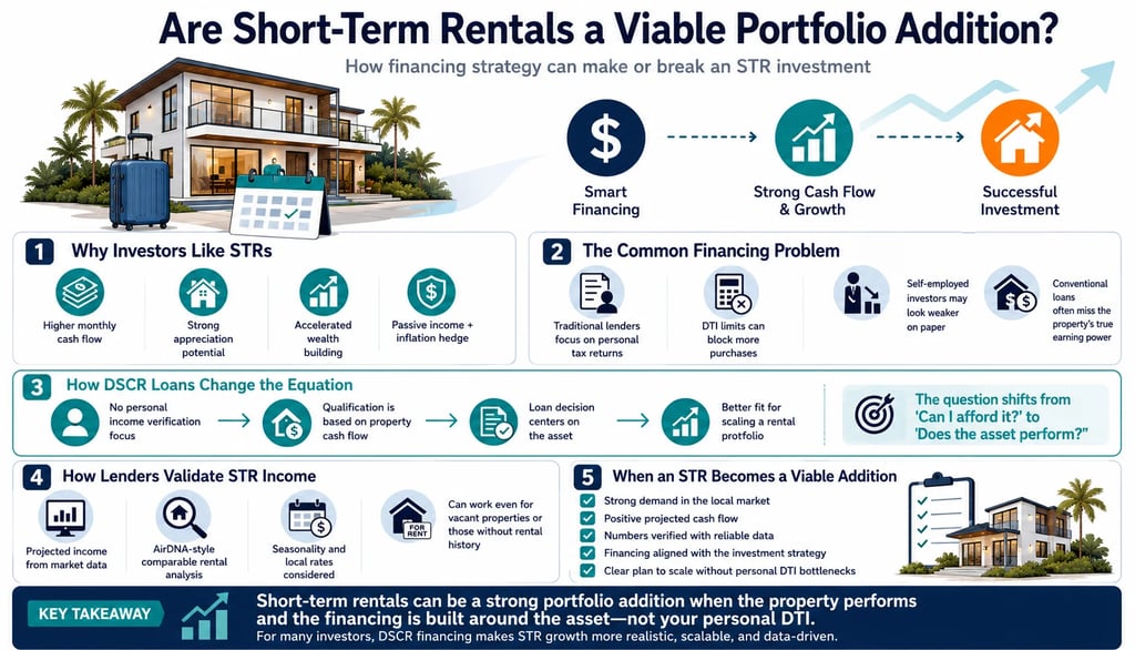 Infographic explaining short-term rental investment strategies, DSCR loans, and financing for real estate portfolios.