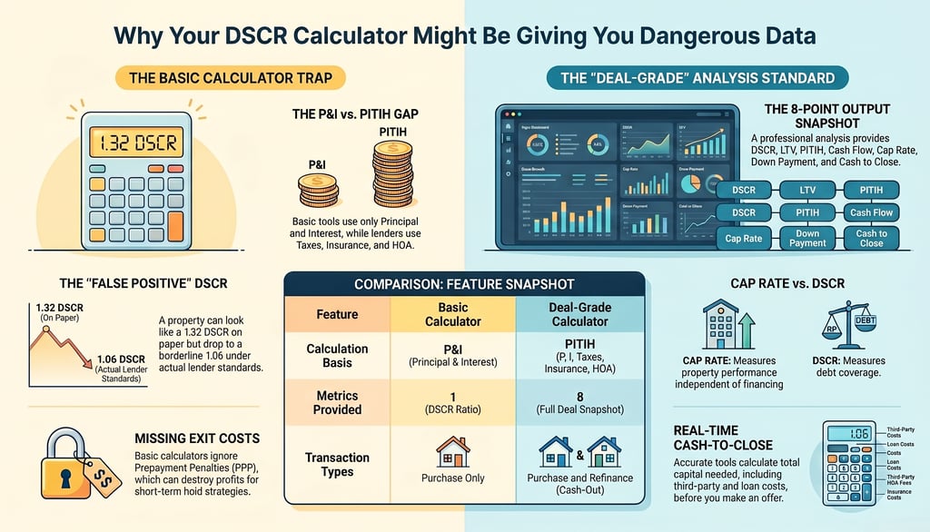 Infographic comparing basic DSCR calculators to deal-grade analysis for real estate investment loans.