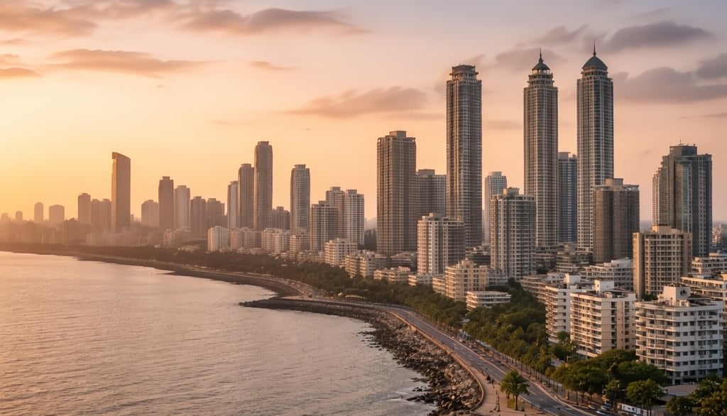 Mumbai skyline with coastal road and high-rise buildings representing real estate advisory by Safari Landmark