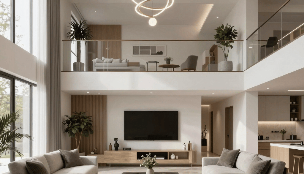 a living room filled with furniture and a large window