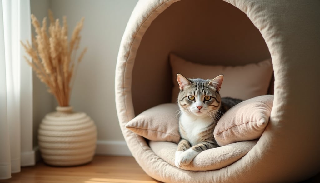 a cat sitting in a cozy cat bed in a room