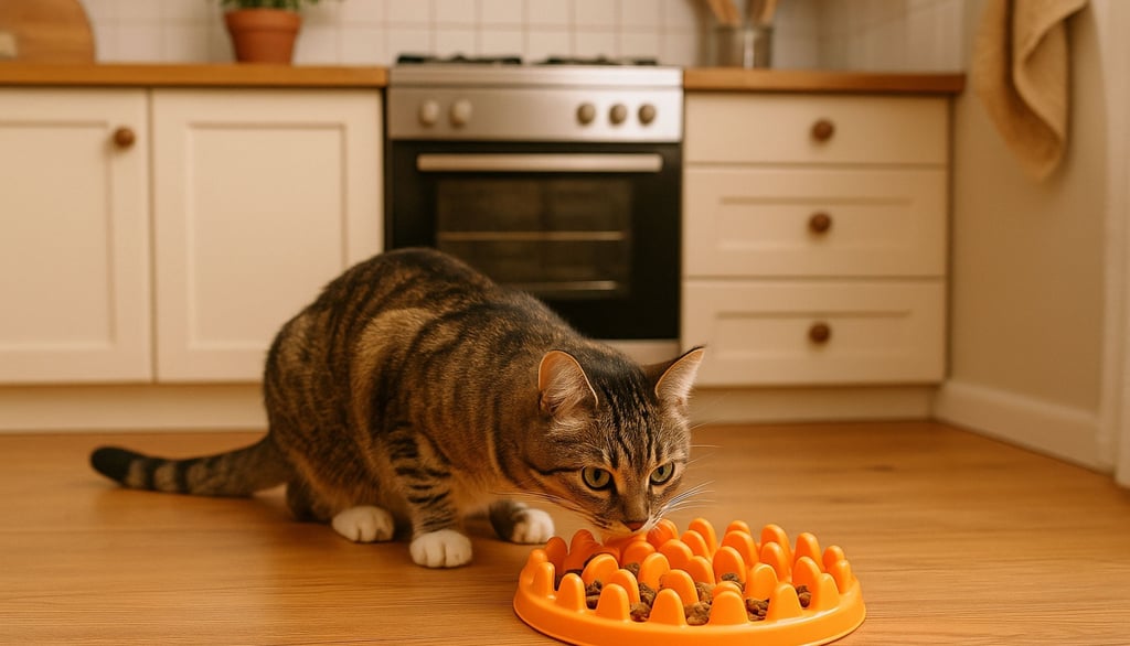 Tabby cat eating from an orange feeder in a cozy kitchen. White cabinets and oven in the background.
