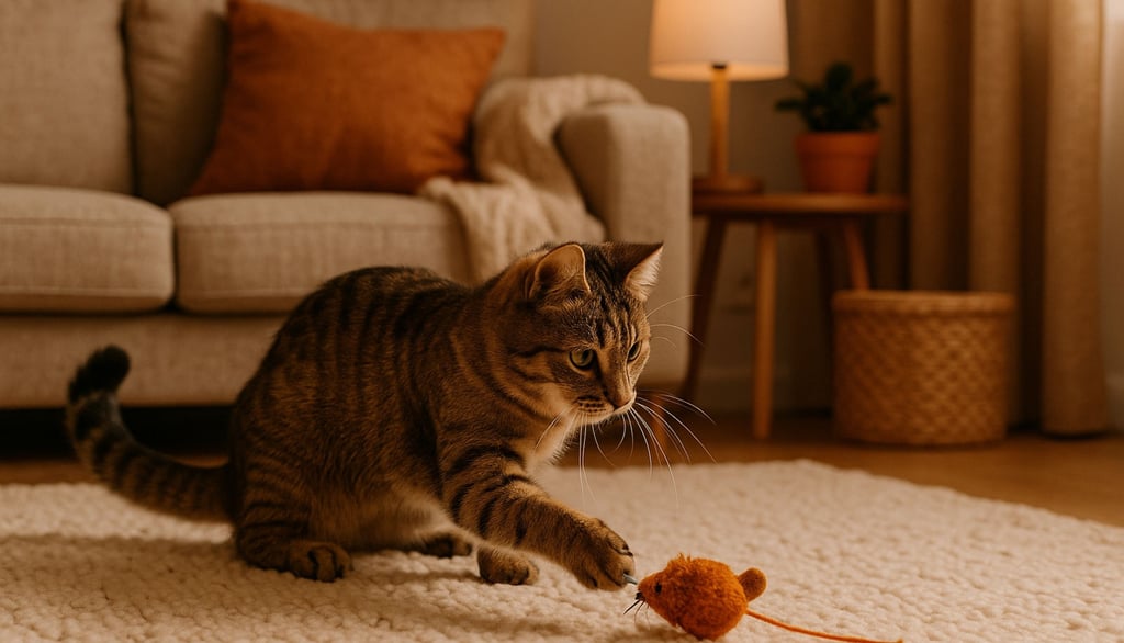 Tabby cat playing with an orange toy mouse on a cream rug. Cozy living room with beige sofa, orange 