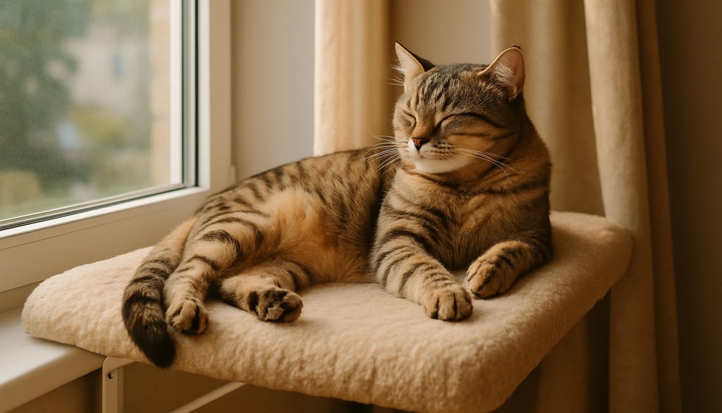 Tabby cat napping on a beige perch by a window. Sunlight filters through curtains, creating a warm, 