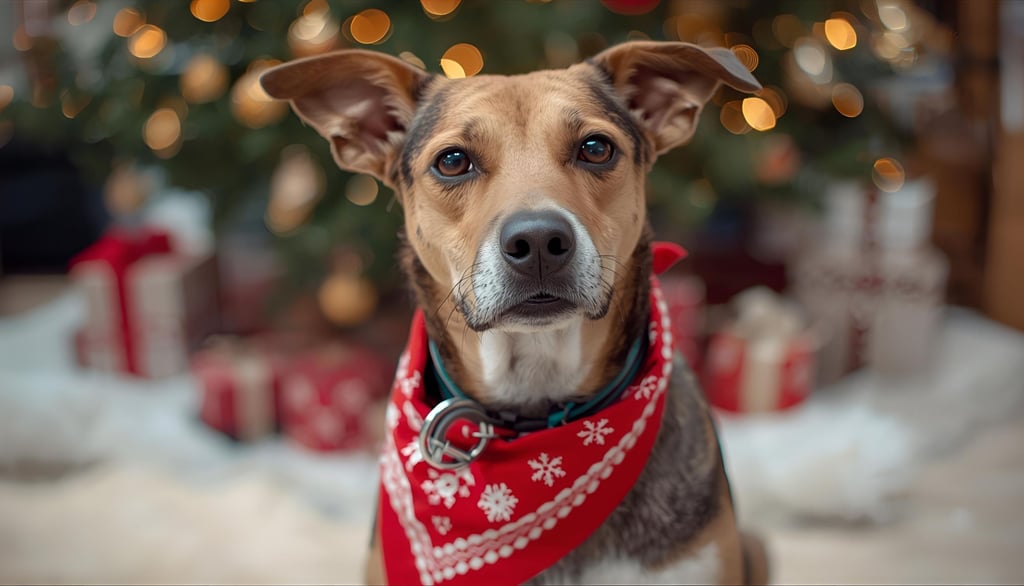 Dog wearing a red bandana with snowflakes sits in front of a Christmas tree with lights and gifts. C