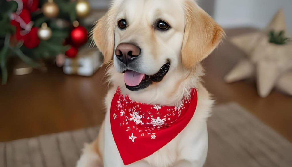 Golden retriever with a red bandana sits indoors, tongue out, near a Christmas tree with red and gol