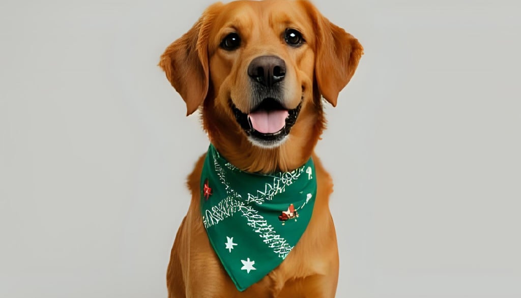 Golden retriever with a green bandana featuring star patterns, smiling against a light gray backgrou