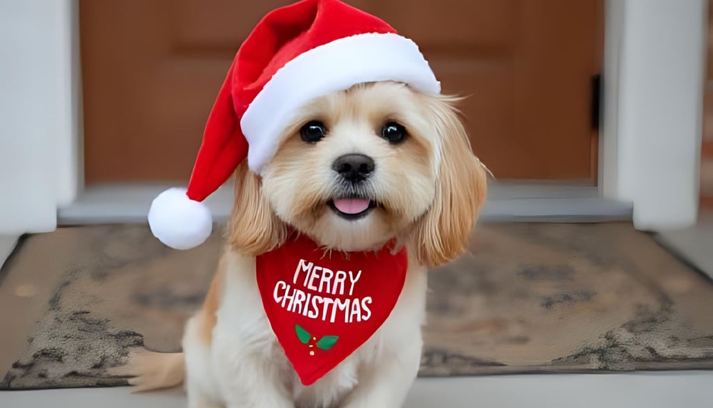 Cute dog in a Santa hat and red bandana reading "Merry Christmas" sits on a doorstep, smiling with i