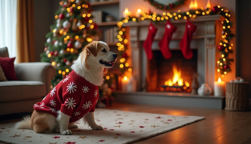 Eye-level view of a dog wearing a festive Christmas sweater sitting by a decorated fireplace