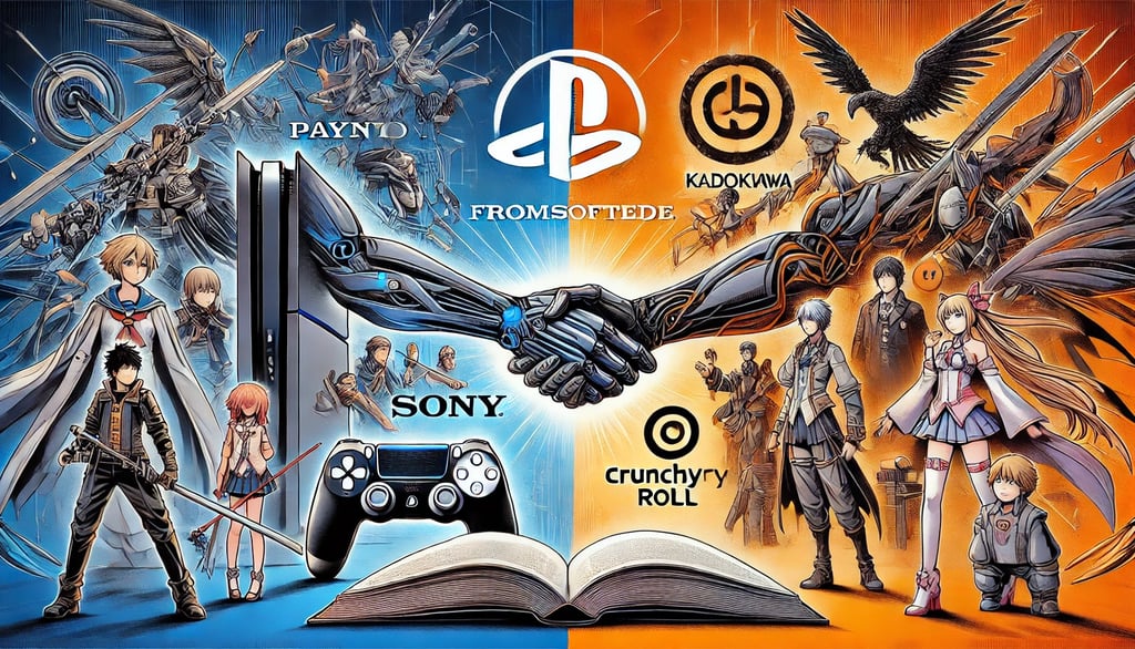 aliança entre Sony e Kadokawa, destacando PlayStation, Crunchyroll e FromSoftware com um aperto de