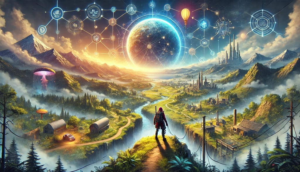 vasto ambiente de jogo de mundo aberto, com paisagens diversificadas e um explorador ao centro.