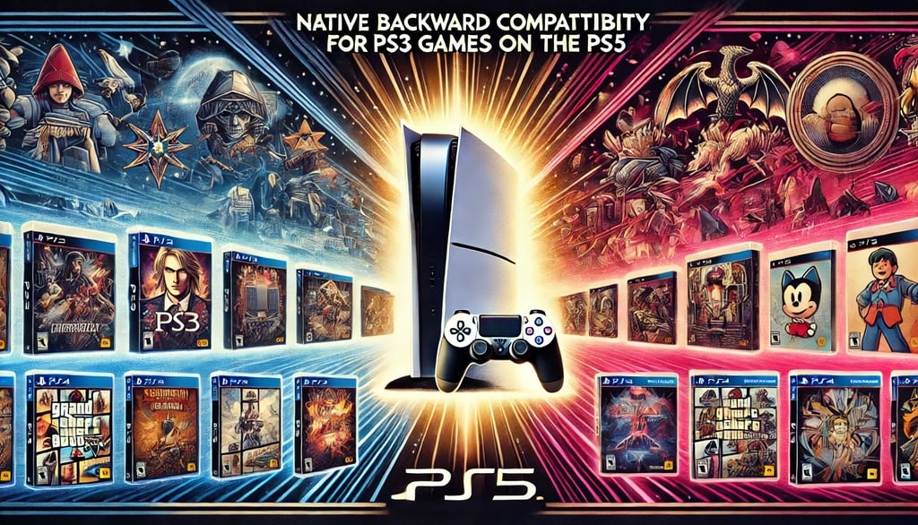 PS5 com brilho rodeado por jogos de PS3, simbolizando nostalgia e avanços tecnológicos.
