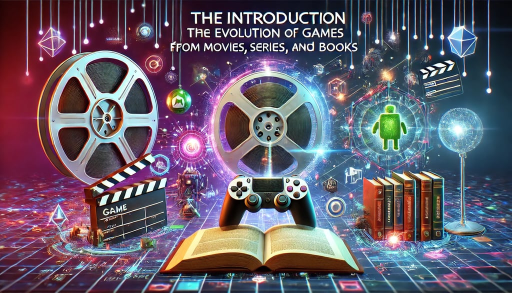 a interseção de filmes, livros e jogos em um espaço digital futurista, simbolizando adaptações de mí