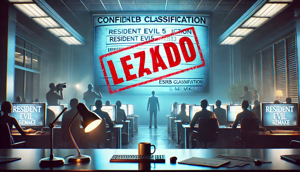 vazamento na ESRB sobre Resident Evil 5 Remake, com uma tela de classificação destacada e um carimbo