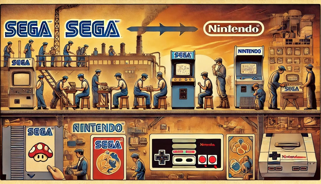 fábrica da Sega e o início da Nintendo com cartas hanafudas e consoles antigos.
