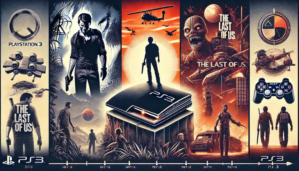 PS3 em um pedestal cercado por cenários de seus jogos mais famosos, simbolizando sua relevância hist