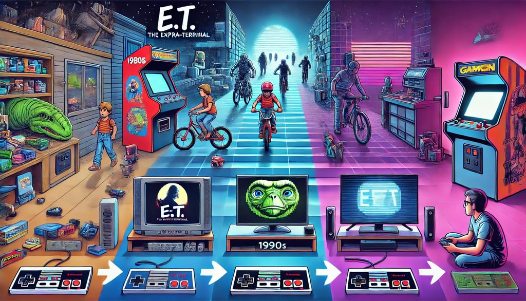 retratando a evolução histórica dos jogos adaptados, desde gráficos pixelados até visuais ultra-real