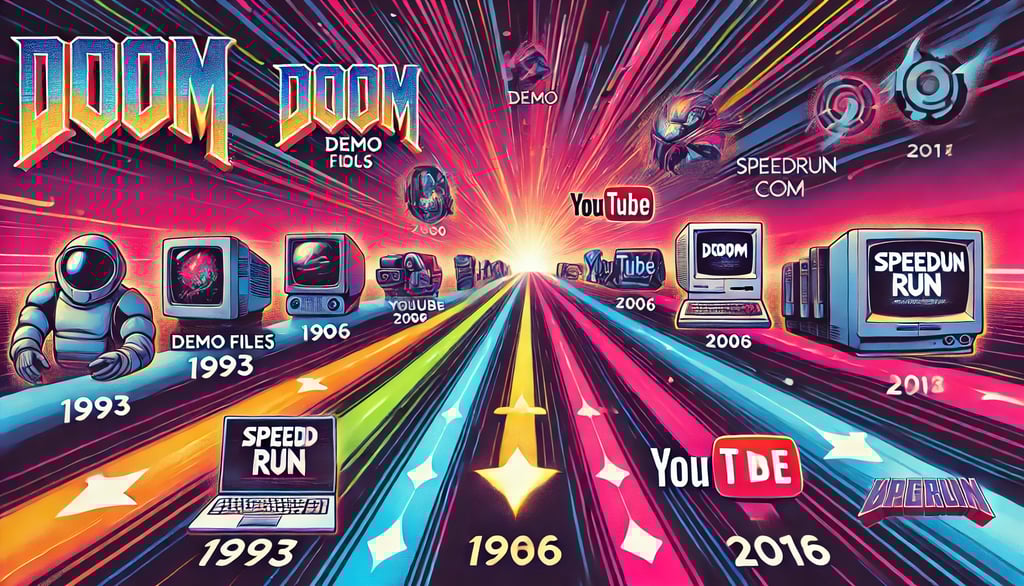 Linha do tempo horizontal com eventos marcantes na história dos speedruns, com ícones representados