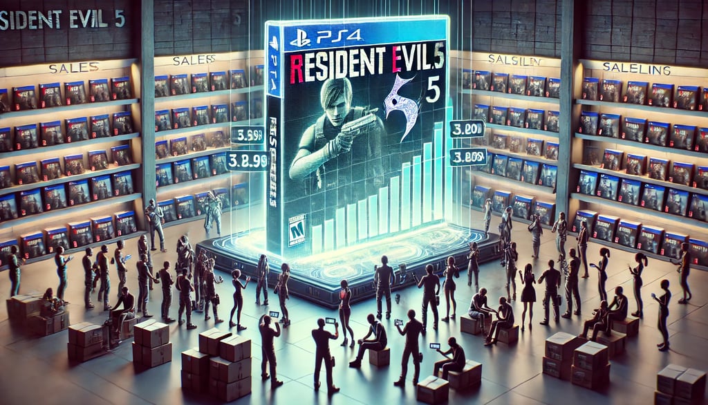 gráfico holográfico destacando Resident Evil 5 como um dos jogos mais vendidos da franquia