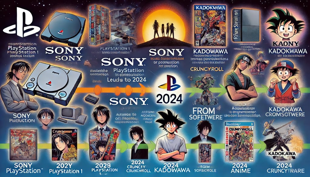 marcos históricos da Sony e Kadokawa até sua aliança em 2024, conectando PlayStation, Crunchyroll