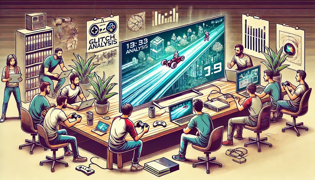 Cena horizontal de speedrunners analisando um jogo em equipe, com laptops, consoles e mapa na tela.