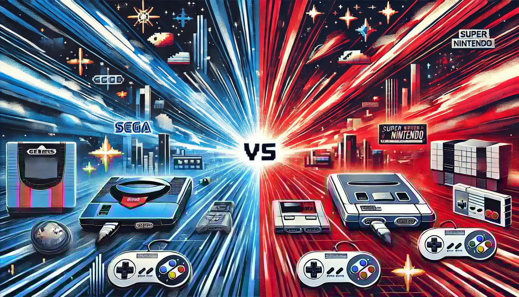 temas azul e vermelho representando a rivalidade entre Sega Genesis e Super Nintendo na era 16-bits.
