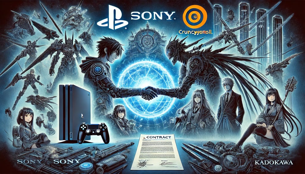 aliança Sony-Kadokawa em 2024, com símbolos de PlayStation, Crunchyroll, FromSoftware e um contrato 