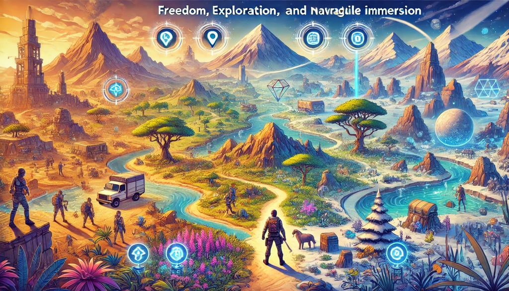 biomas, ícones de missão e elementos narrativos em um jogo de mundo aberto.