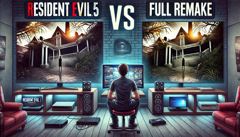 comparando um remake e um remaster de Resident Evil 5, com um jogador analisando as diferenças gráfi