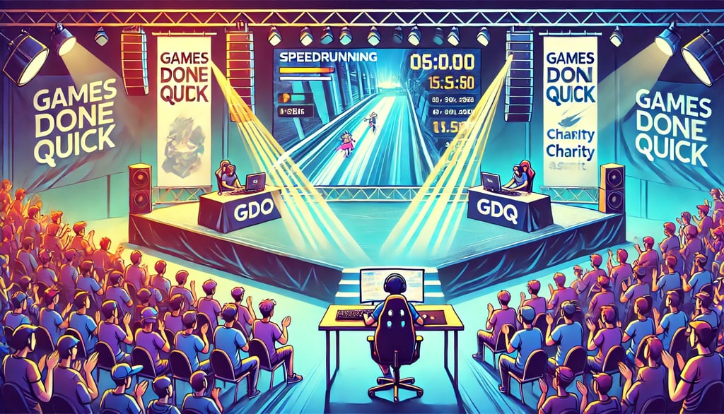 Evento de speedrunning com público animado, speedrunner no palco e tela exibindo o jogo e cronômetro