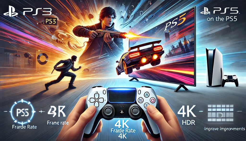 Jogador usando um DualSense para jogar títulos de PS3 no PS5 com gráficos otimizados em uma tela gra