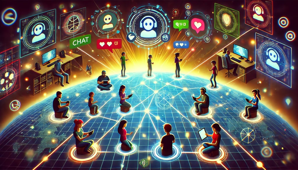 Jogadores de diferentes plataformas interagindo em um mundo virtual, simbolizando a união das comuni