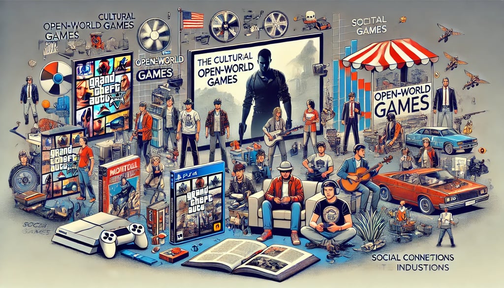 impacto cultural dos jogos de mundo aberto, com mídia desenvolvida, moda e interação social.