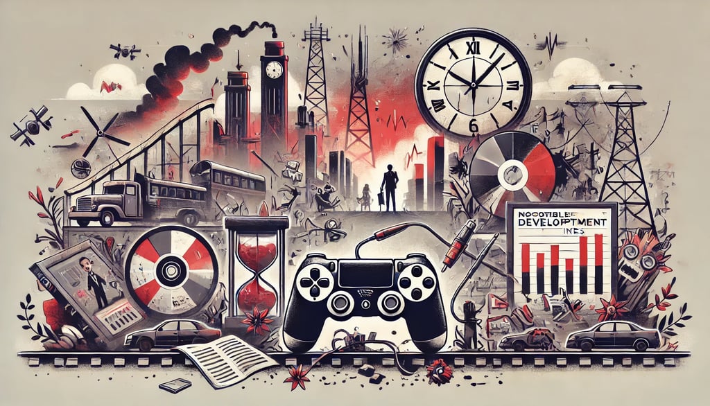 símbolos de fracassos em jogos adaptados, como glitches, prazos perdidos e frustrações dos jogadores