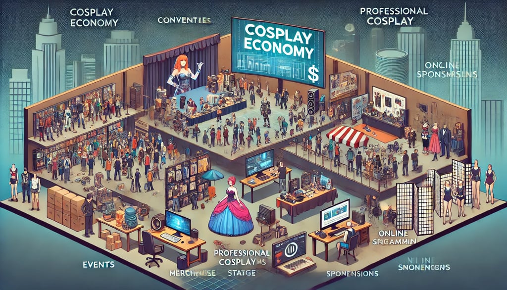economia do cosplay, com setores como eventos, criação de trajes, patrocínios e monetização digital.