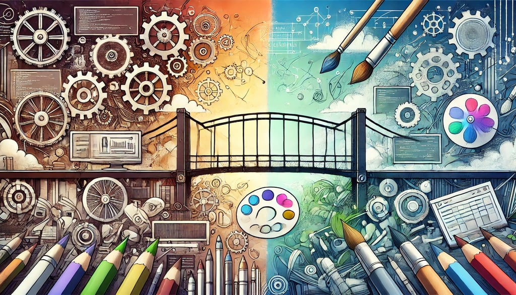 desafios técnicos e criativos em jogos adaptados, com engrenagens e esboços de arte conectados