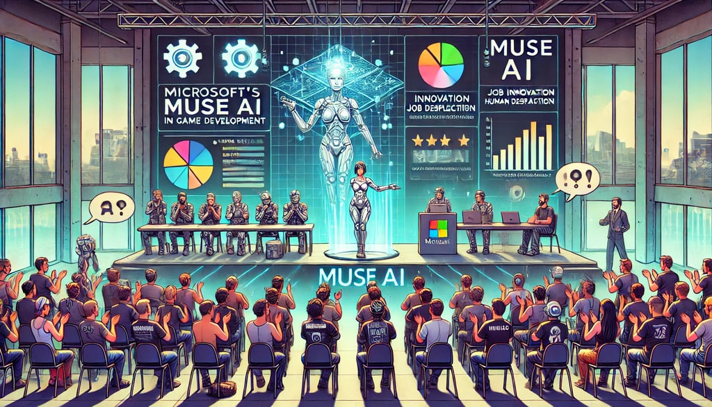 auditório com desenvolvedores discutindo o impacto da IA Muse , com opiniões divididas sobre inova