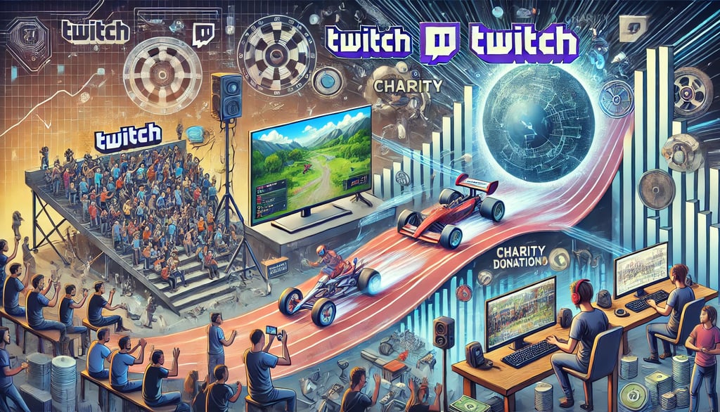 Cena com transmissão de speedrun no Twitch, doações de caridade e público em evento ao vivo.