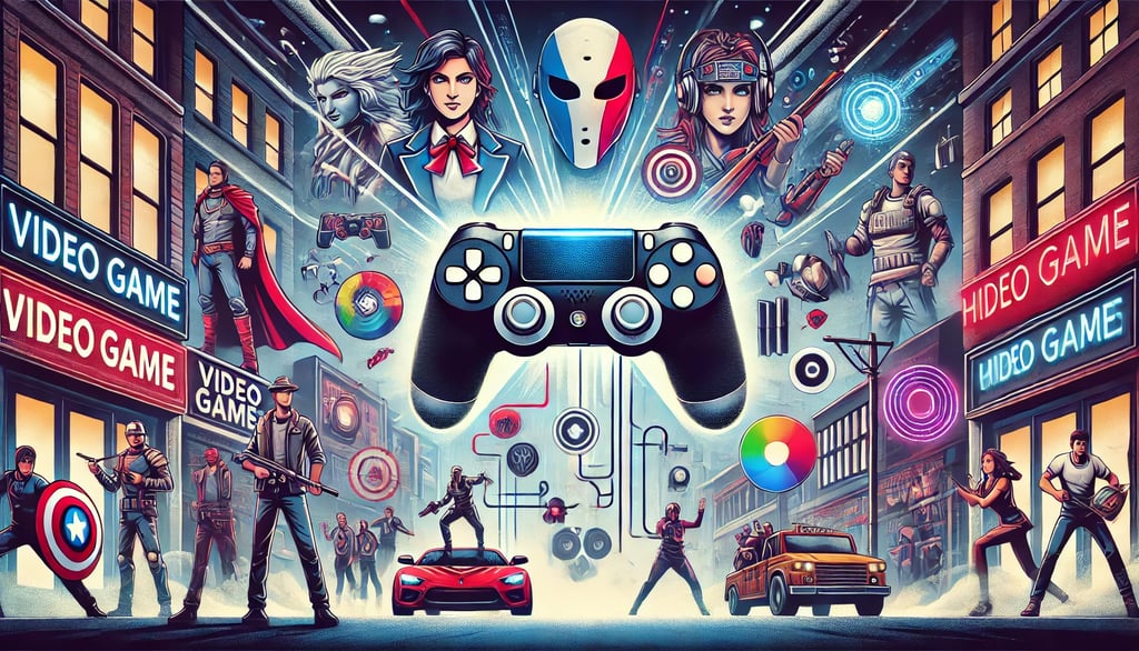 controle cercado por personagens de jogos, cultura pop e esports, representando o impacto social